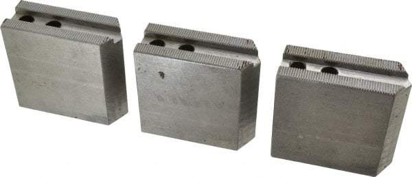 H & R Manufacturing - 1.5mm x 60° Serrated Attachment, Square Soft Lathe Chuck Jaw - 3 Jaws, Steel, 0.787" Btw Mount Hole Ctrs, 3-1/8" Long x 1-1/4" Wide x 3" High, 0.472" Groove, 10mm Fastener - Apex Tool & Supply