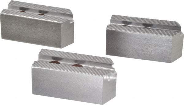 H & R Manufacturing - 1.5mm x 60° Serrated Attachment, Square Soft Lathe Chuck Jaw - 3 Jaws, Steel, 1" Btw Mount Hole Ctrs, 3-1/2" Long x 1-1/2" Wide x 1-1/2" High, 0.551" Groove, 12mm Fastener - Apex Tool & Supply