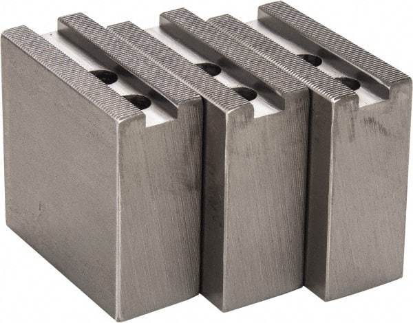 H & R Manufacturing - 1.5mm x 60° Serrated Attachment, Square Soft Lathe Chuck Jaw - 3 Jaws, Steel, 1" Btw Mount Hole Ctrs, 3-1/2" Long x 1-1/2" Wide x 3-1/2" High, 0.551" Groove, 12mm Fastener - Apex Tool & Supply