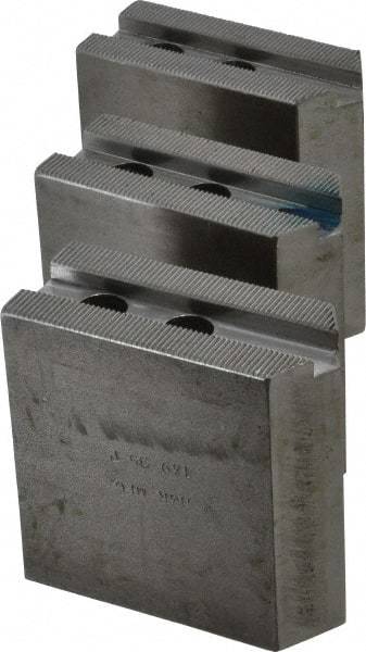 H & R Manufacturing - 1.5mm x 60° Serrated Attachment, Square Soft Lathe Chuck Jaw - 3 Jaws, Steel, 1" Btw Mount Hole Ctrs, 3-1/2" Long x 1-1/2" Wide x 3-1/2" High, 0.551" Groove, 12mm Fastener - Apex Tool & Supply