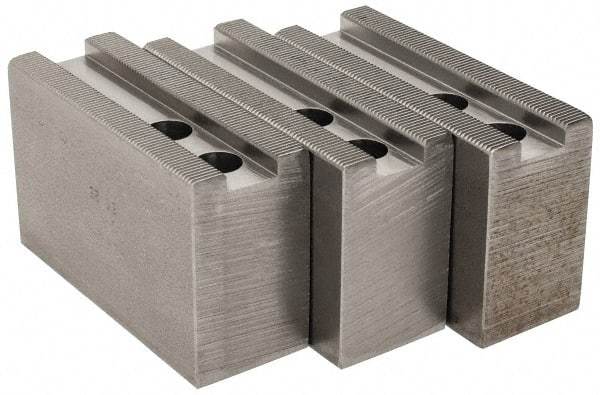 H & R Manufacturing - 1.5mm x 60° Serrated Attachment, Square Soft Lathe Chuck Jaw - 3 Jaws, Steel, 0.984" Btw Mount Hole Ctrs, 4" Long x 1-1/2" Wide x 2-1/2" High, 0.63" Groove, 12mm Fastener - Apex Tool & Supply