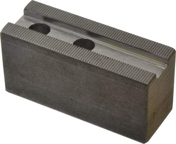 H & R Manufacturing - 1.5mm x 60° Serrated Attachment, Square Soft Lathe Chuck Jaw - 3 Jaws, Steel, 1.266" Btw Mount Hole Ctrs, 4" Long x 1-1/2" Wide x 2" High, 0.63" Groove, 12mm Fastener - Apex Tool & Supply