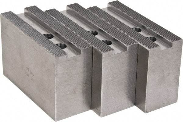 H & R Manufacturing - 1.5mm x 60° Serrated Attachment, Square Soft Lathe Chuck Jaw - 3 Jaws, Steel, 1.181" Btw Mount Hole Ctrs, 5-1/4" Long x 2" Wide x 3-1/2" High, 0.71" Groove, 12mm Fastener - Apex Tool & Supply