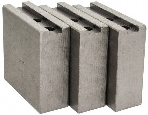 H & R Manufacturing - 1.5mm x 60° Serrated Attachment, Square Soft Lathe Chuck Jaw - 3 Jaws, Steel, 1.266" Btw Mount Hole Ctrs, 4" Long x 1-1/2" Wide x 4" High, 0.63" Groove, 12mm Fastener - Apex Tool & Supply