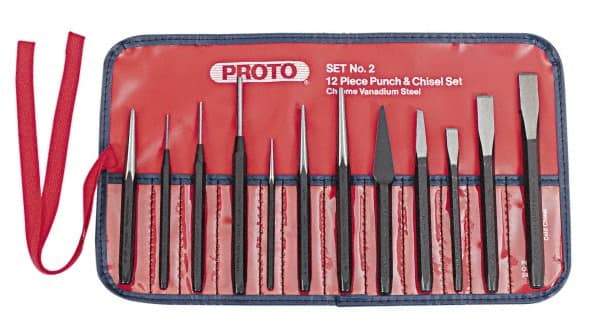 Proto - 12 Piece Punch & Chisel Set - 13/64 to 1/2" Chisel, 3/8 to 3/16" Punch, Round Shank - Apex Tool & Supply