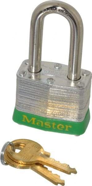 Master Lock - Keyed Alike Retaining Key Conductive Lockout Padlock - 1-1/2" Shackle Clearance, 9/32" Shackle Diam, 1-1/4" Body Height x 1-9/16" Body Width, Green, 4 Pins - Apex Tool & Supply