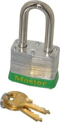 Master Lock - Keyed Alike Retaining Key Conductive Lockout Padlock - 1-1/2" Shackle Clearance, 9/32" Shackle Diam, 1-1/4" Body Height x 1-9/16" Body Width, Green, 4 Pins - Apex Tool & Supply