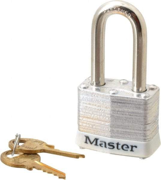 Master Lock - Keyed Different Retaining Key Conductive Lockout Padlock - 1-1/2" Shackle Clearance, 9/32" Shackle Diam, 1-1/4" Body Height x 1-9/16" Body Width, White, 4 Pins - Apex Tool & Supply