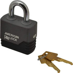 American Lock - 1-1/8" Shackle Clearance, Keyed Different Padlock with Weather Cover - 3/8" Shackle Diam, Brass - Apex Tool & Supply