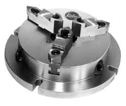 Atlas Workholding - 8" Chuck Diam, 0.29 to 3-1/2" External Chucking Diam, Low Profile Machining Chuck - 6.85" Bolt Hole Spacing, 2.36" Through Hole, 2.44 to 7.48" Internal Chucking Diam, 10.63" Base Width x 2.56" Base Height - Apex Tool & Supply