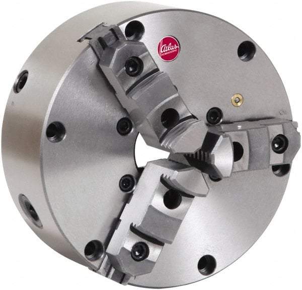 Atlas Workholding - 3 Jaws, 6" Diam, Self Centering Manual Lathe Chuck - Plain Back Mount Spindle, Adjustable, Reversible, 3,000 Max RPM, 1.54" Through Hole Diam, Cast Iron - Apex Tool & Supply