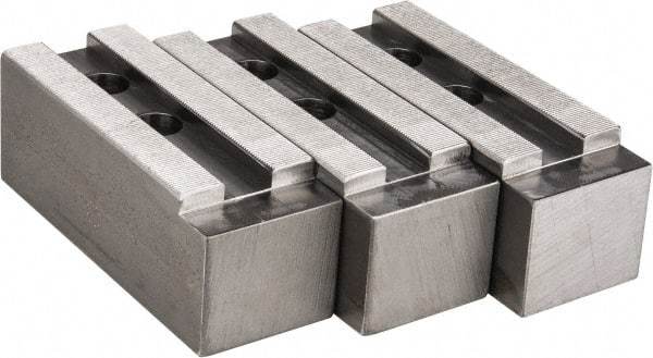 H & R Manufacturing - 1.5mm x 60° Serrated Attachment, Square Soft Lathe Chuck Jaw - 3 Jaws, Steel, 1.69" Btw Mount Hole Ctrs, 6-1/2" Long x 2-1/2" Wide x 2-1/2" High, 0.866" Groove, 20mm Fastener - Apex Tool & Supply