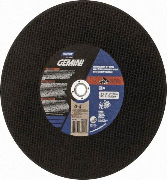 Norton - 14" Aluminum Oxide Cutoff Wheel - 1/8" Thick, 20mm Arbor, 5,400 Max RPM, Use with Angle Grinders - Apex Tool & Supply