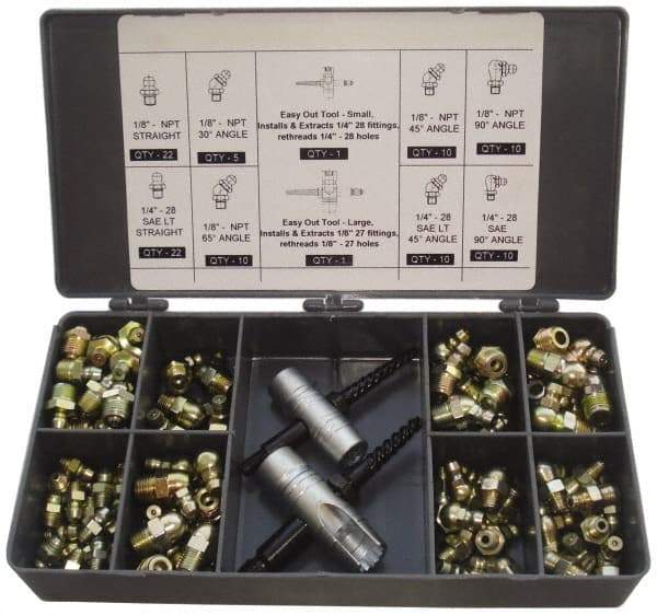 PRO-LUBE - 101 Piece, Metric, Box Plastic Steel Grease Fitting Set - Includes Metric Thread Types, Includes M10x1: (20) Straight, (5) 45°, (10) 90°, M6x1: (30) Straight, (5) 45°, (10) 90°, M8x1: (14) Straight, (5) 90° - Apex Tool & Supply