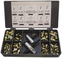 PRO-LUBE - 101 Piece, Inch, Box Plastic Steel Grease Fitting Set - Includes PTF, UNF Thread Types, Includes 1/4-28 SAE-LT: (22) Straight, (10) 45°, (10) 90°, 1/8-27 PTF: (22) Straight, (5) 30°, (10) 45°, (10) 65°, (10) 90° - Apex Tool & Supply