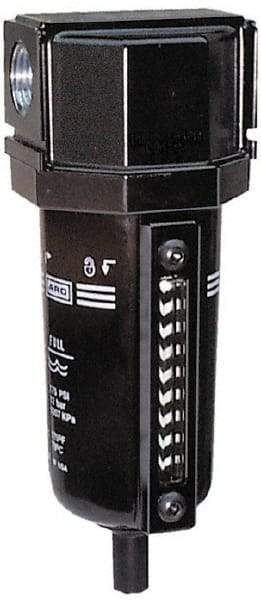 ARO/Ingersoll-Rand - 1/4" Port, 7.028" High x 2.244" Wide Compact Filter with Metal Bowl, Automatic Drain - 73 SCFM, 250 Max psi, 175°F Max Temp, Sight Glass Included, Modular Connection, 1 oz Bowl Capacity - Apex Tool & Supply