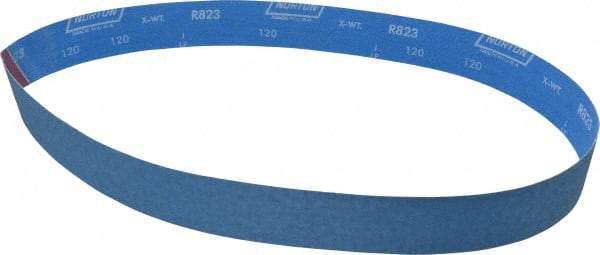 Norton - 2" Wide x 48" OAL, 120 Grit, Zirconia Alumina Abrasive Belt - Zirconia Alumina, Fine, Coated, X Weighted Cloth Backing, Series R823 - Apex Tool & Supply