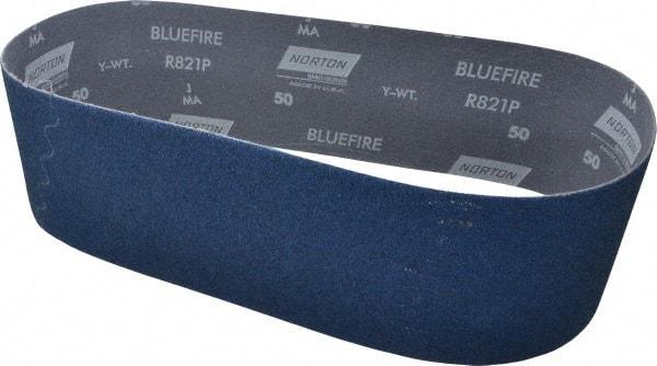 Norton - 4" Wide x 36" OAL, 50 Grit, Zirconia Alumina Abrasive Belt - Zirconia Alumina, Coarse, Coated, Y Weighted Cloth Backing, Dry, Series R821 - Apex Tool & Supply