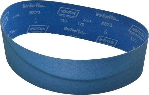Norton - 4" Wide x 36" OAL, 120 Grit, Zirconia Alumina Abrasive Belt - Zirconia Alumina, Fine, Coated, X Weighted Cloth Backing, Series R823 - Apex Tool & Supply