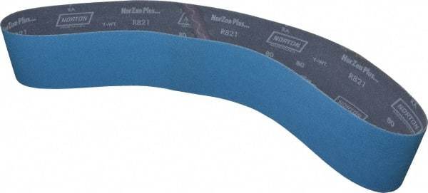 Norton - 4" Wide x 54" OAL, 80 Grit, Zirconia Alumina Abrasive Belt - Zirconia Alumina, Medium, Coated, X Weighted Cloth Backing, Series R821 - Apex Tool & Supply