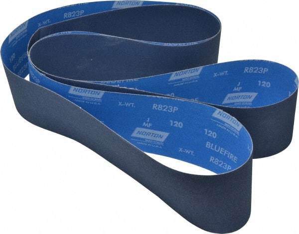 Norton - 4" Wide x 132" OAL, 120 Grit, Zirconia Alumina Abrasive Belt - Zirconia Alumina, Fine, Coated, X Weighted Cloth Backing, Series R823 - Apex Tool & Supply