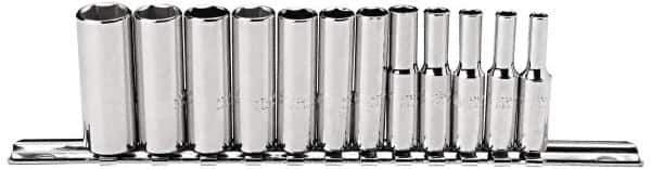 Proto - 12 Piece 1/4" Drive Deep Well Socket Set - 6 Points, 4mm to 14mm Range, Metric Measurement Standard - Apex Tool & Supply