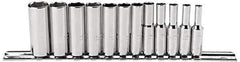 Proto - 12 Piece 1/4" Drive Deep Well Socket Set - 6 Points, 4mm to 14mm Range, Metric Measurement Standard - Apex Tool & Supply