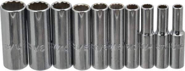Proto - 10 Piece 1/4" Drive Deep Well Socket Set - 12 Points, 3/16" to 9/16" Range, Inch Measurement Standard - Apex Tool & Supply