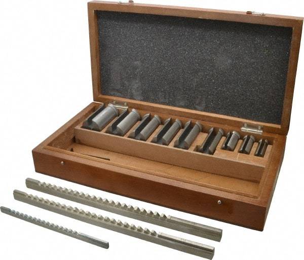 Value Collection - 15 Piece, 1/8 to 1/4" Keyway Width, Style B & C Keyway Broach Set - Bright Finish High Speed Steel Broach, Collared Bushing, 1/2 to 1-1/2" Bushing Diam - Apex Tool & Supply