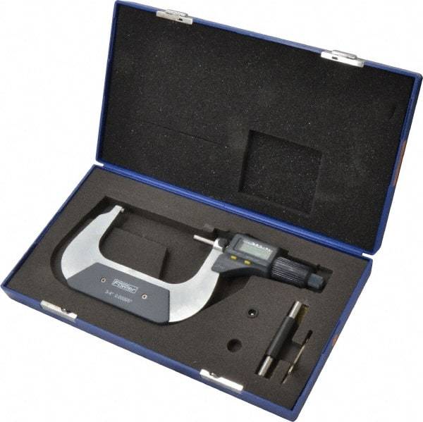 Fowler - 3 to 4 Inch Range, 0.0001 Inch Resolution, Standard Throat, IP54 Electronic Outside Micrometer - 0.0002 Inch Accuracy, Friction Thimble, 357 Battery, Data Output, Includes Case and Wrench - Apex Tool & Supply