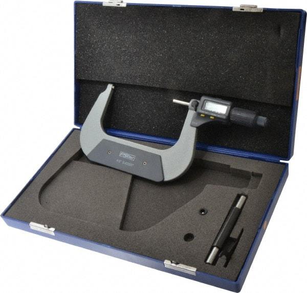 Fowler - 4 to 5 Inch Range, 0.0001 Inch Resolution, Standard Throat, IP54 Electronic Outside Micrometer - 0.0002 Inch Accuracy, Friction Thimble, 357 Battery, Data Output, Includes Case and Wrench - Apex Tool & Supply