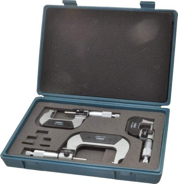 Fowler - 0 to 3" Range, 3 Piece Mechanical Outside Micrometer Set - 0.0001" Graduation, 0.00005 (0 to 1), 0.00016 (1 to 3)" Accuracy, Ratchet Stop Thimble, Carbide Tipped Face - Apex Tool & Supply