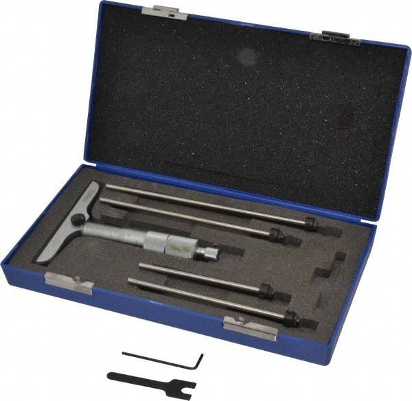 Fowler - 0 to 4" Range, 4 Rod, Satin Chrome Finish Mechanical Depth Micrometer - Ratchet Stop Thimble, 4" Base Length, 0.001" Graduation, 0.176" Rod Diam - Apex Tool & Supply