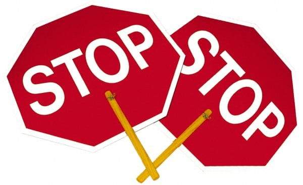 NMC - "Stop", 18" Wide x 18" High, Plastic Stop & Yield Signs - Black on Orange, White on Red, Octagon, Handheld Mount - Apex Tool & Supply