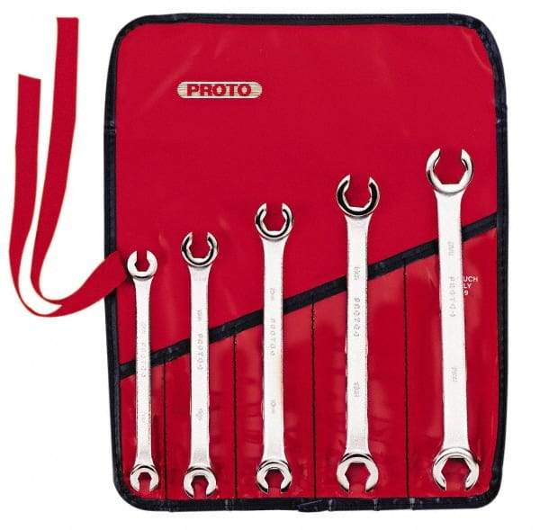 Proto - 5 Piece, 7mm x 8mm to 15mm x 17mm, 6 Point Flare Nut Wrench Set - Metric Measurement Standard, Satin Finish, Comes in Nylon Roll - Apex Tool & Supply