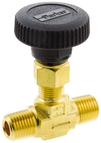Parker - 3,000 Max psi, 3/8" Pipe, Brass, Inline Instrumentation Needle Valve - MNPT x MNPT End Connections - Apex Tool & Supply