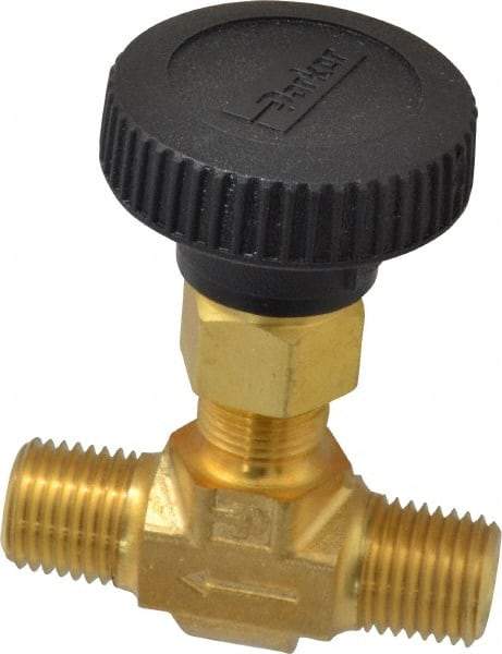 Parker - 3,000 Max psi, 1/4" Pipe, Brass, Inline Instrumentation Needle Valve - MNPT x MNPT End Connections - Apex Tool & Supply