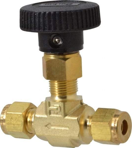 Parker - 3,000 Max psi, 1/4" Pipe, Brass, Inline Instrumentation Needle Valve - Compression x Compression CPI End Connections - Apex Tool & Supply