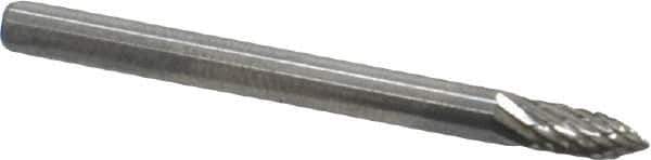Atrax - 1/8" Cut Diam, 1/8" Shank Diam, Tree Head Double Cut Burr - Carbide, Point End, 5/16" LOC, 1-1/2" OAL - Apex Tool & Supply