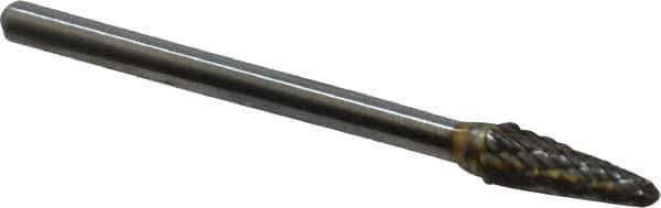 Atrax - 3/16" Cut Diam, 1/8" Shank Diam, Taper Head Double Cut Burr - Radius End, 1/2" LOC, 1-1/2" OAL - Apex Tool & Supply