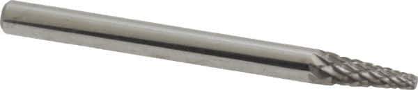 Atrax - 1/8" Cut Diam, 1/8" Shank Diam, Cone Head Double Cut Burr - Carbide, Point End, 3/8" LOC, 1-1/2" OAL - Apex Tool & Supply
