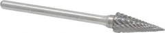 Atrax - 1/4" Cut Diam, 1/8" Shank Diam, Cone Head Double Cut Burr - Carbide, Point End, 1/2" LOC, 1-7/8" OAL - Apex Tool & Supply
