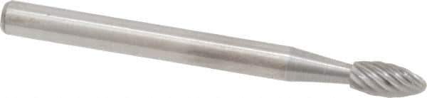 Atrax - 1/8" Cut Diam, 1/8" Shank Diam, Flame Head Single Cut Burr - Carbide, Radius End, 1/4" LOC, 1-1/2" OAL - Apex Tool & Supply