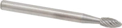 Atrax - 1/8" Cut Diam, 1/8" Shank Diam, Flame Head Single Cut Burr - Carbide, Radius End, 1/4" LOC, 1-1/2" OAL - Apex Tool & Supply