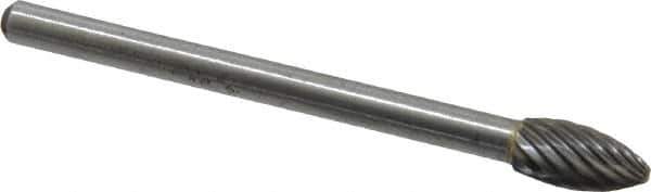 Atrax - 3/16" Cut Diam, 1/8" Shank Diam, Flame Head Single Cut Burr - Carbide, Radius End, 3/8" LOC, 1-1/2" OAL - Apex Tool & Supply