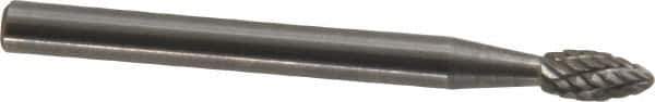 Atrax - 1/8" Cut Diam, 1/8" Shank Diam, Flame Head Double Cut Burr - Carbide, Radius End, 1/4" LOC, 1-1/2" OAL - Apex Tool & Supply