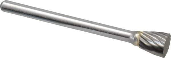 Atrax - 1/4" Cut Diam, 1/8" Shank Diam, Inverted Cone Head Single Cut Burr - Flat End, 1/4" LOC, 1-1/2" OAL - Apex Tool & Supply