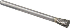 Atrax - 3/16" Cut Diam, 1/8" Shank Diam, Inverted Cone Head Double Cut Burr - Flat End, 1/4" LOC, 1-1/2" OAL - Apex Tool & Supply