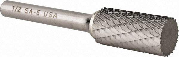 Atrax - 1/2" Cut Diam, 1/4" Shank Diam, Cylinder Head Double Cut Burr - Carbide, Flat End, 1" LOC, 2-3/4" OAL - Apex Tool & Supply