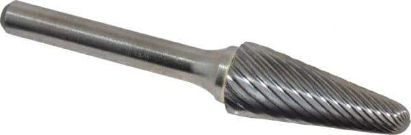 Atrax - 1/2" Cut Diam, 1/4" Shank Diam, Taper Head Single Cut Burr - Radius End, 1-1/8" LOC, 3" OAL - Apex Tool & Supply